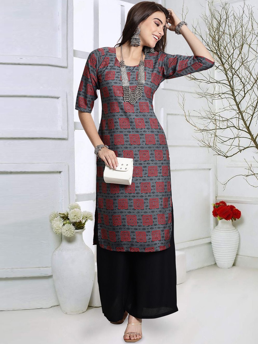 

7Threads Geometric Printed Round Neck Straight Kurta, Grey