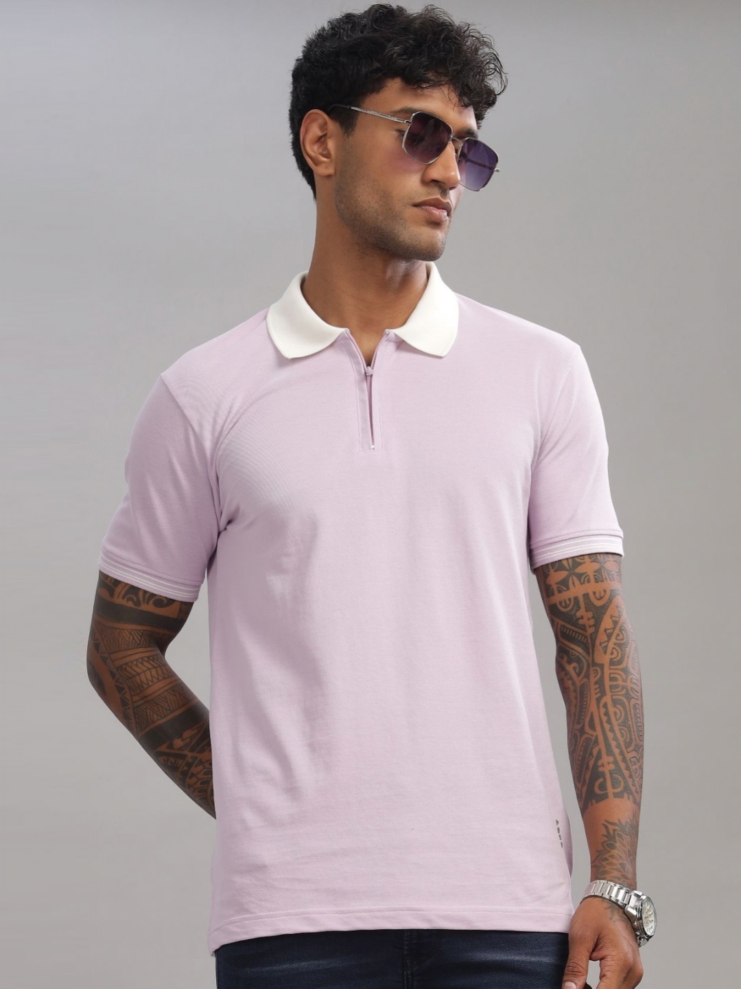 

ADRO Men Solid Polo Collar Cotton T-Shirt, Lavender