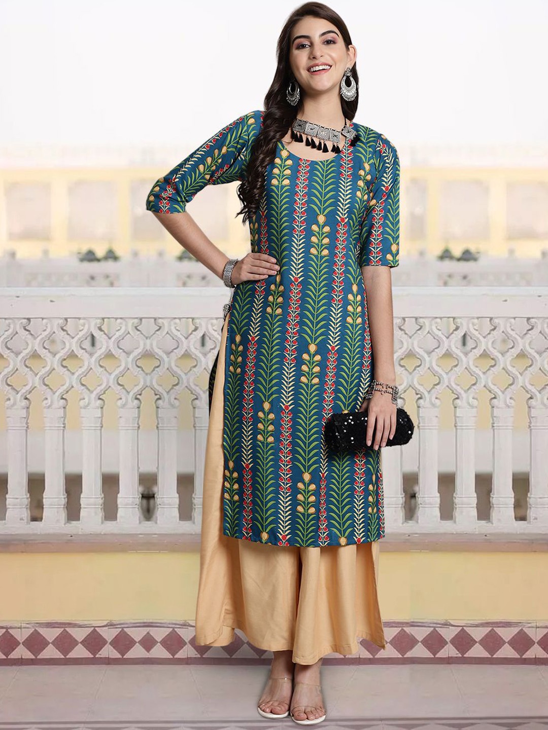 

7Threads Floral Printed Round Neck Straight Kurta, Blue
