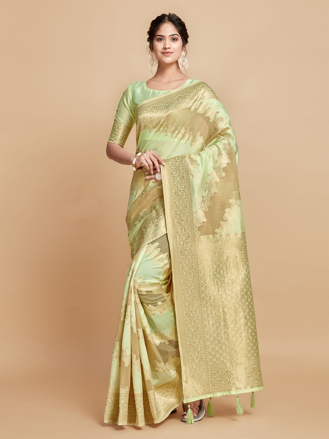 

Jinal & Jinal Woven Design Zari Pure Linen Banarasi Saree, Green