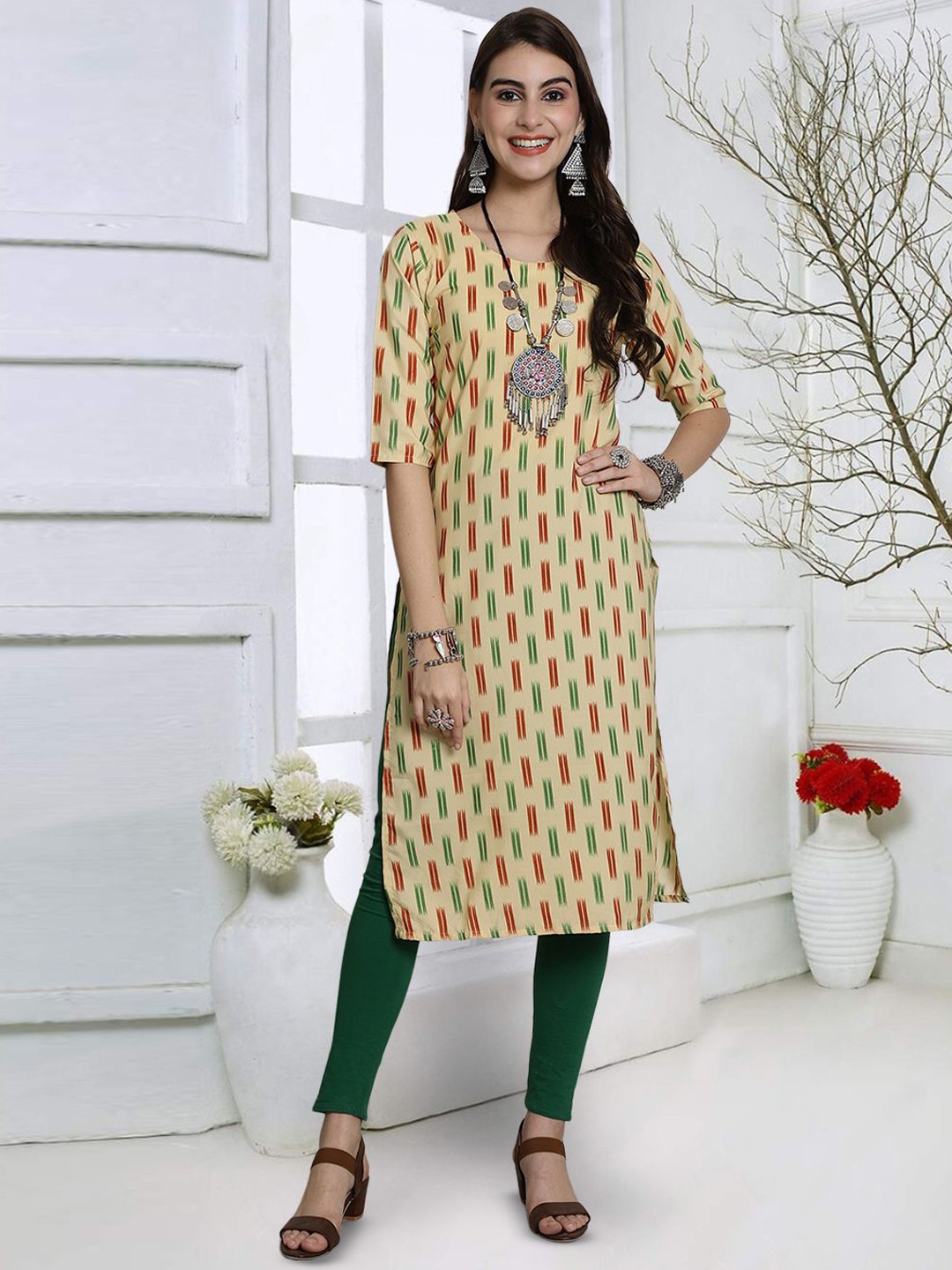 

7Threads Women Geometric Keyhole Neck Thread Work Floral Crepe Kurta, Multi