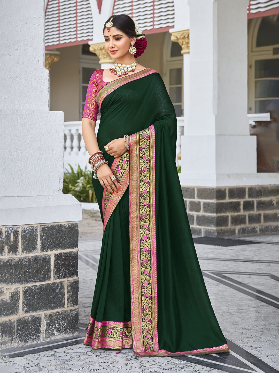 

NIRMAL CREATION Zari solid Pure Silk Saree, Green