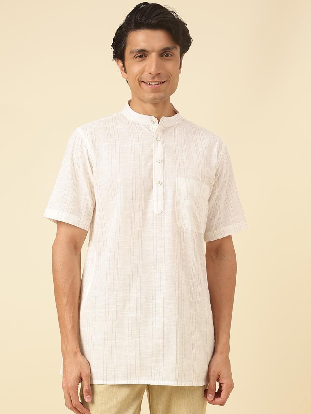

Fabindia Striped Mandarin Collar Straight Short Kurta, White
