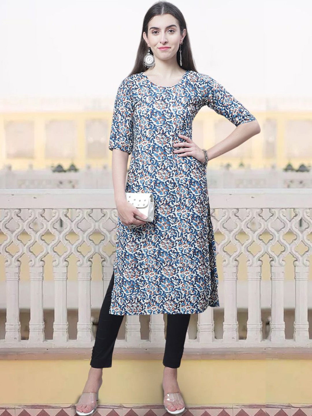 

7Threads Floral Printed Round Neck Straight Kurta, Blue