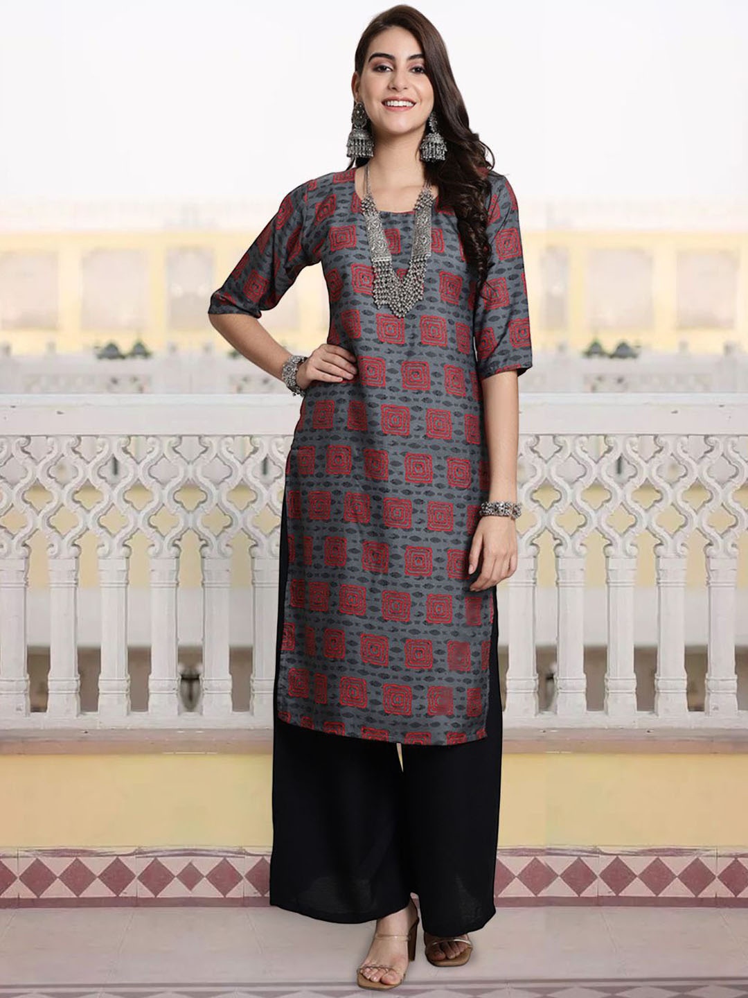 

7Threads Geometric Printed Round Neck Crepe Straight Kurta, Grey