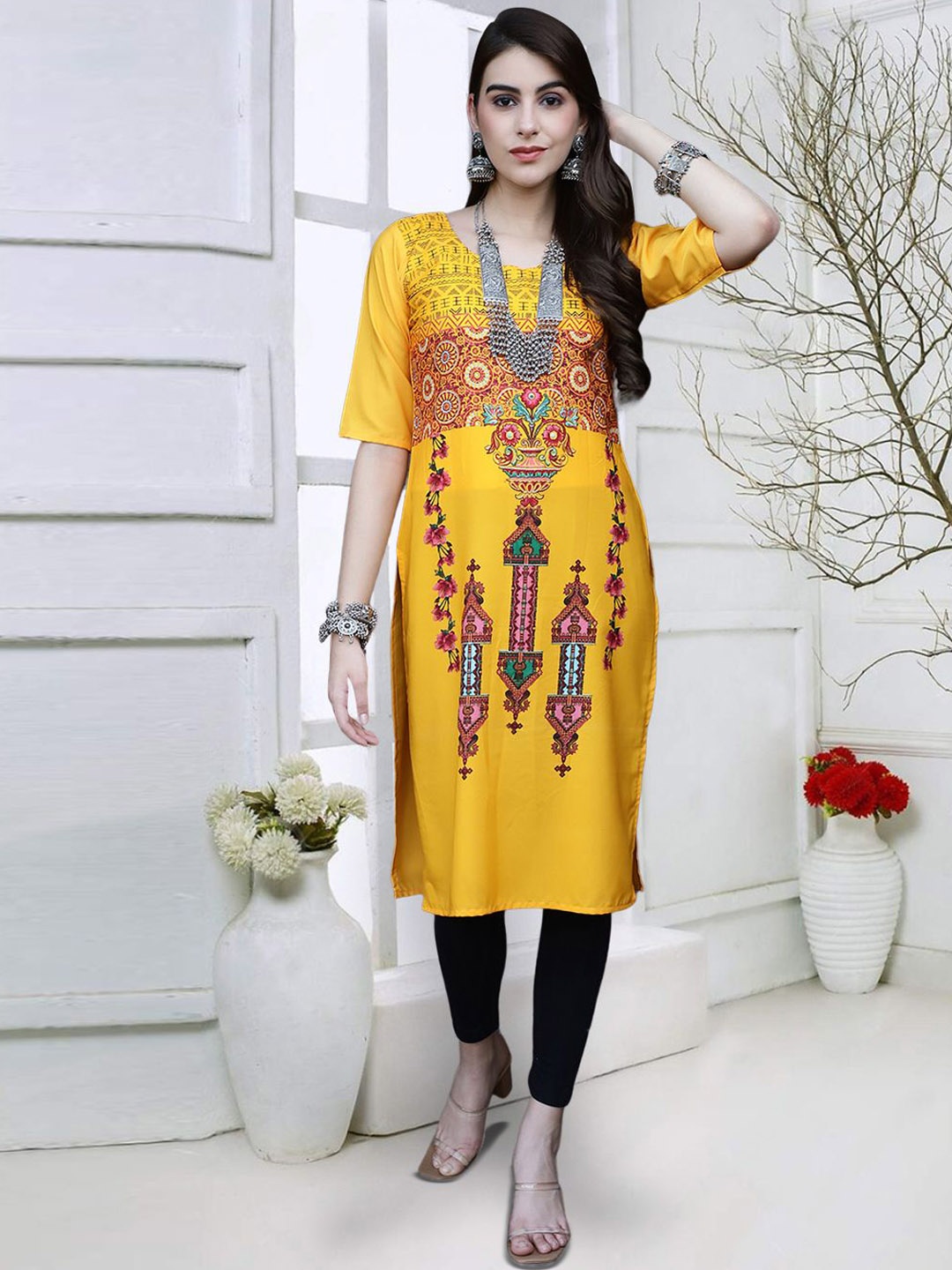 

7Threads Floral Printed Round Neck Straight Kurta, Yellow