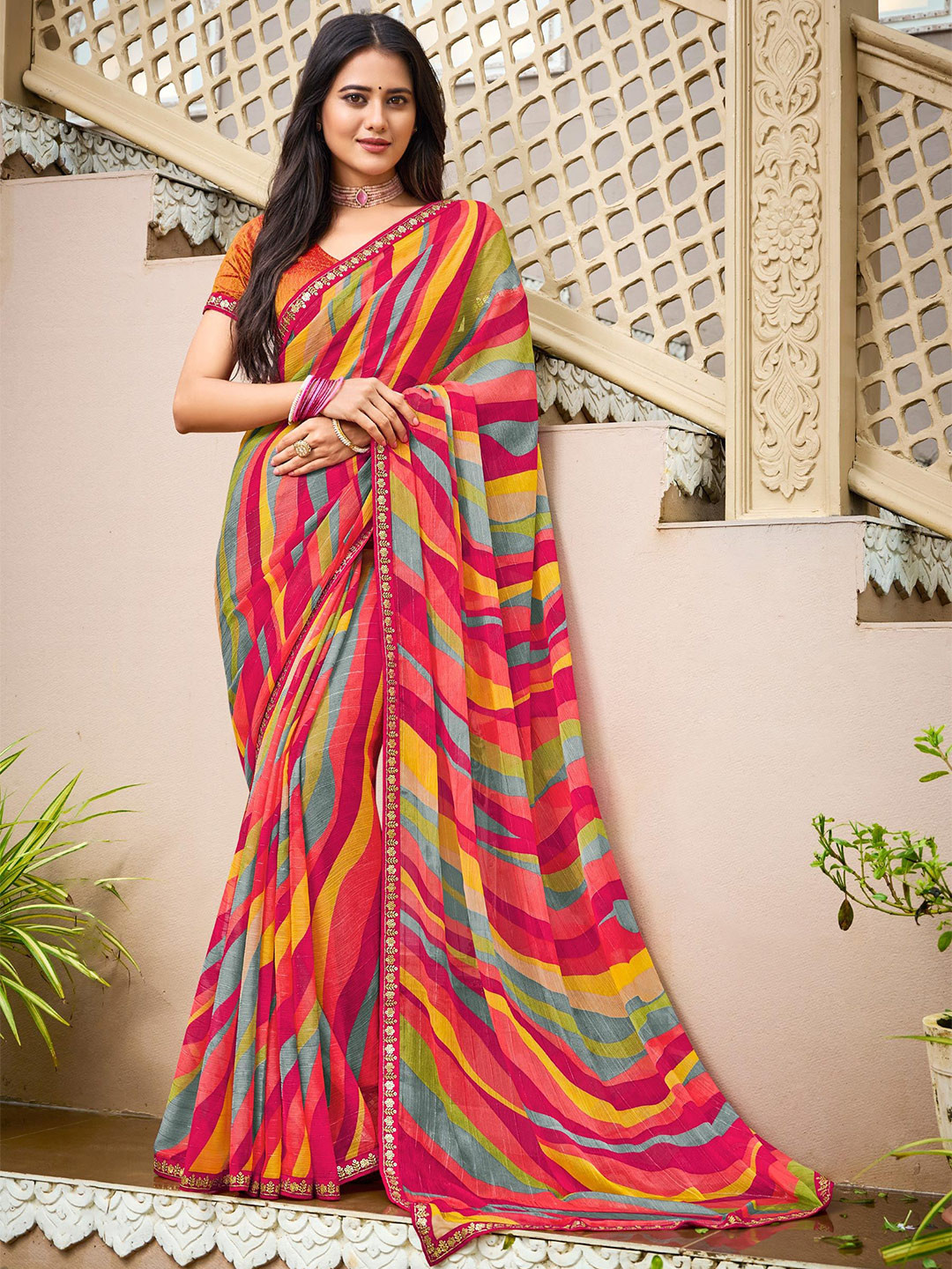 

Laxmipati Striped Poly Chiffon Saree, Red