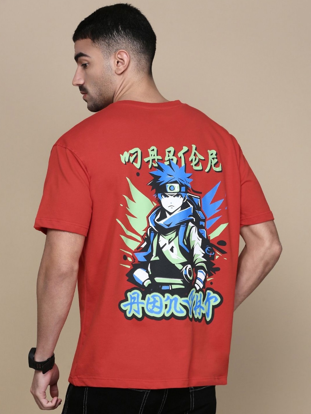 

Chennis Men Graphic Printed Round Neck Cotton Oversized T-Shirt, Red