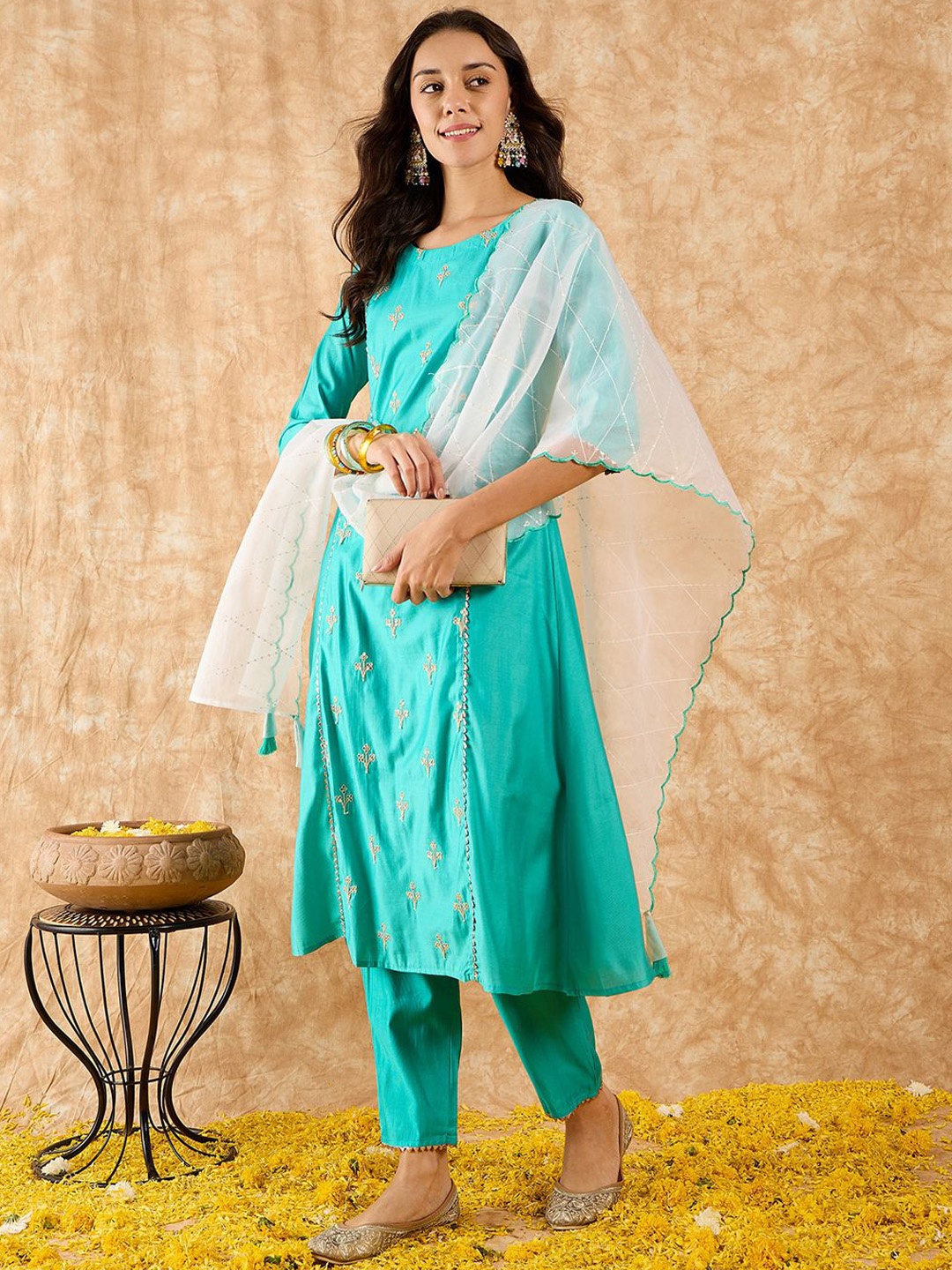 

Indo Era Ethnic Motifs Embroidered A-Line Sequinned Liva Kurta with Trousers & Dupatta, Sea green