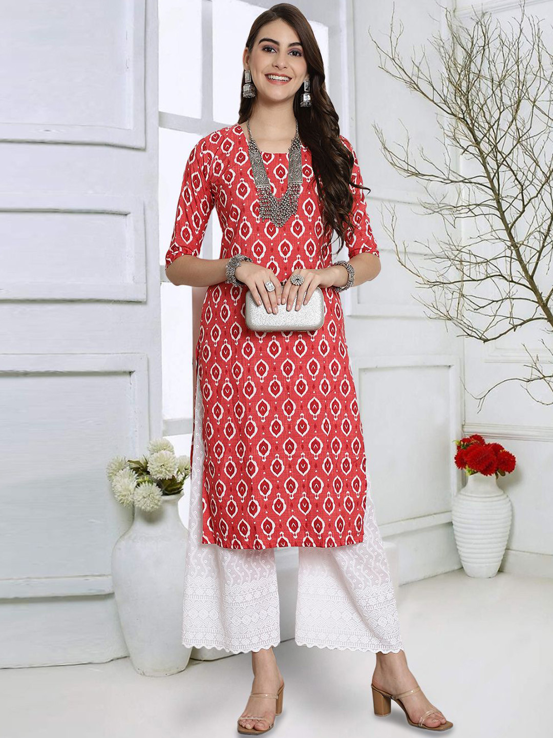 

7Threads Floral Printed Straight Kurta, Red