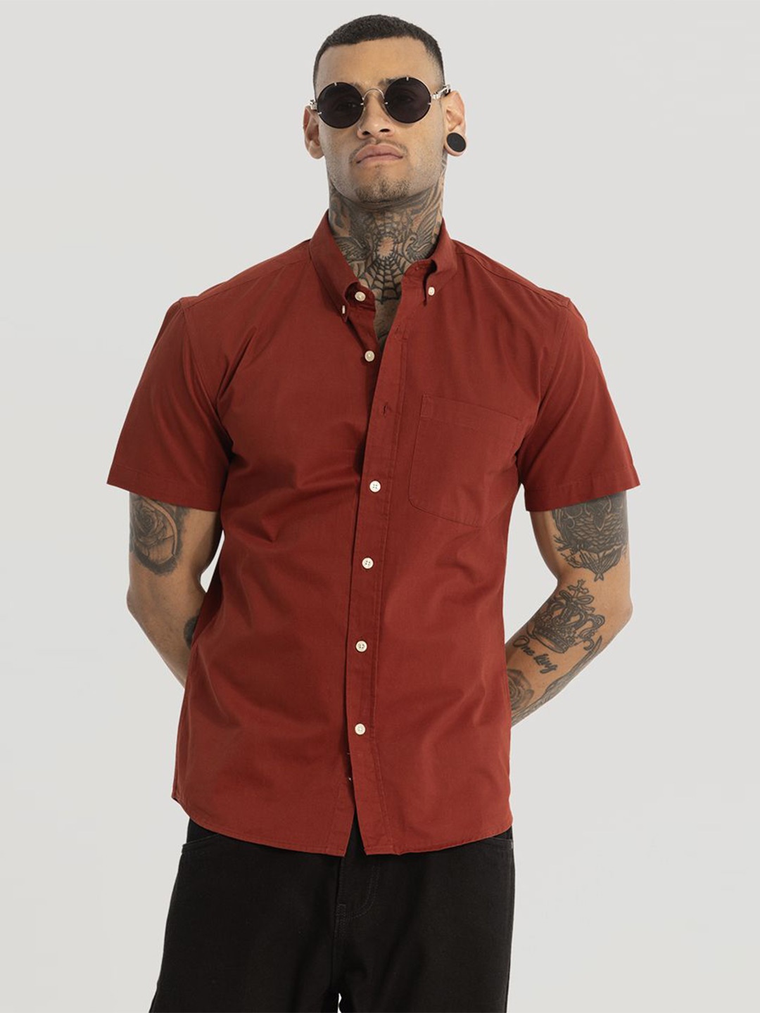 

Snitch Men Smart Button-Down Collar Solid Cotton Slim Fit Casual Shirt, Rust