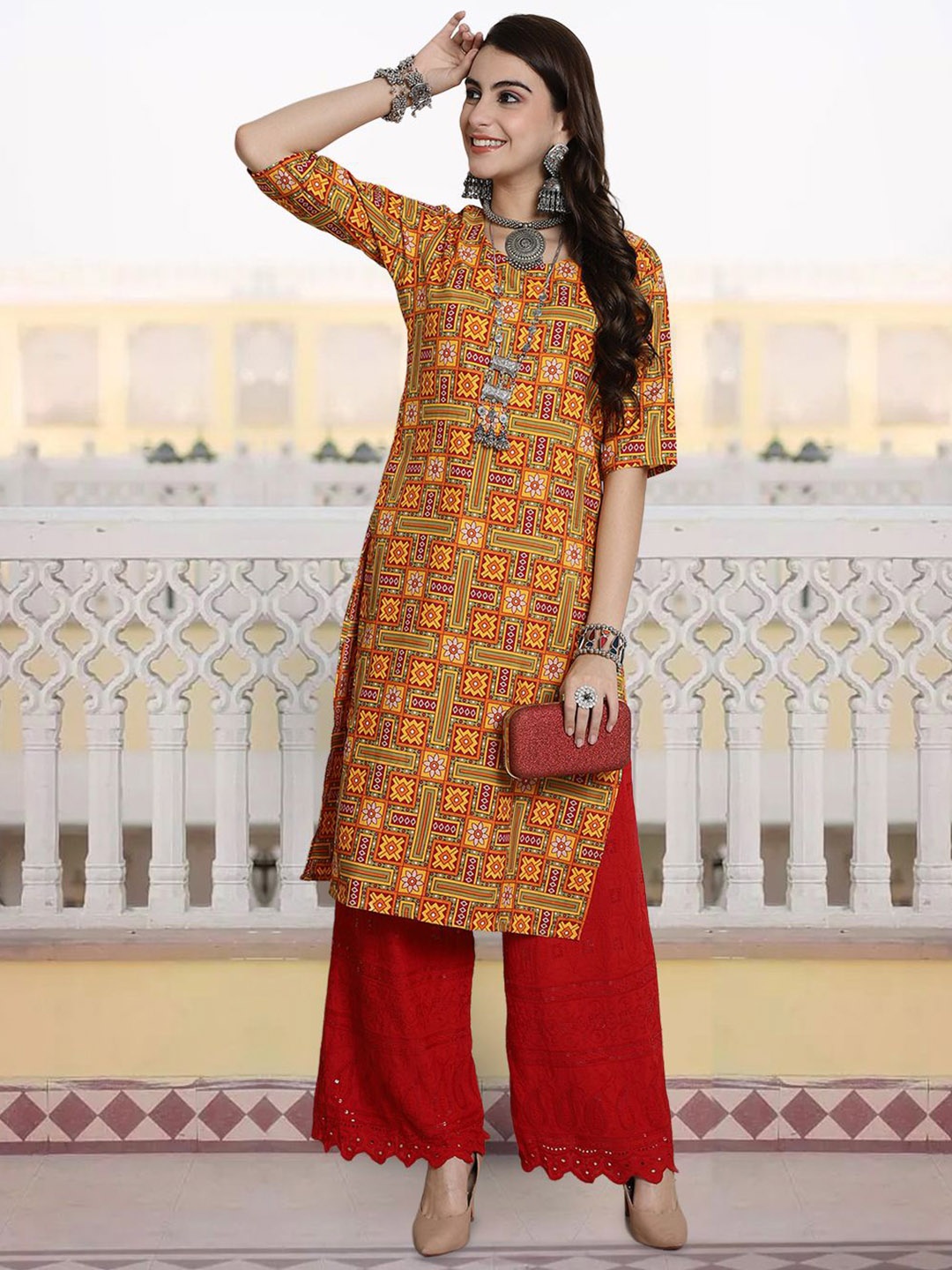 

7Threads Ethnic Motifs Printed Round Neck Three-Quarter Sleeves Straight Kurta, Red