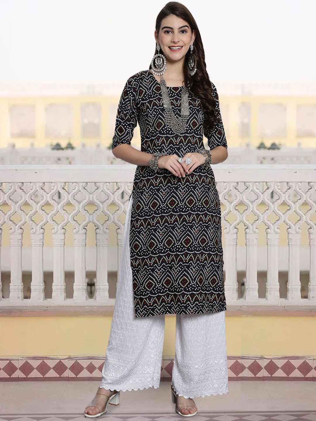 

7Threads Bandhani Printed Straight Kurta, Black