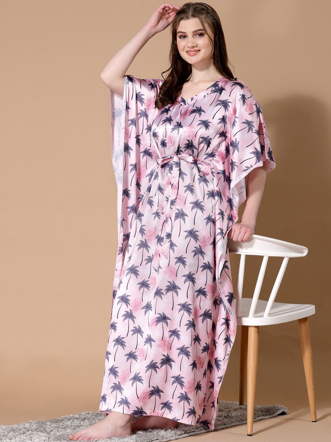 

MBeautiful Women Satin Tropical Printed Kaftan Maxi Nightdress, Pink