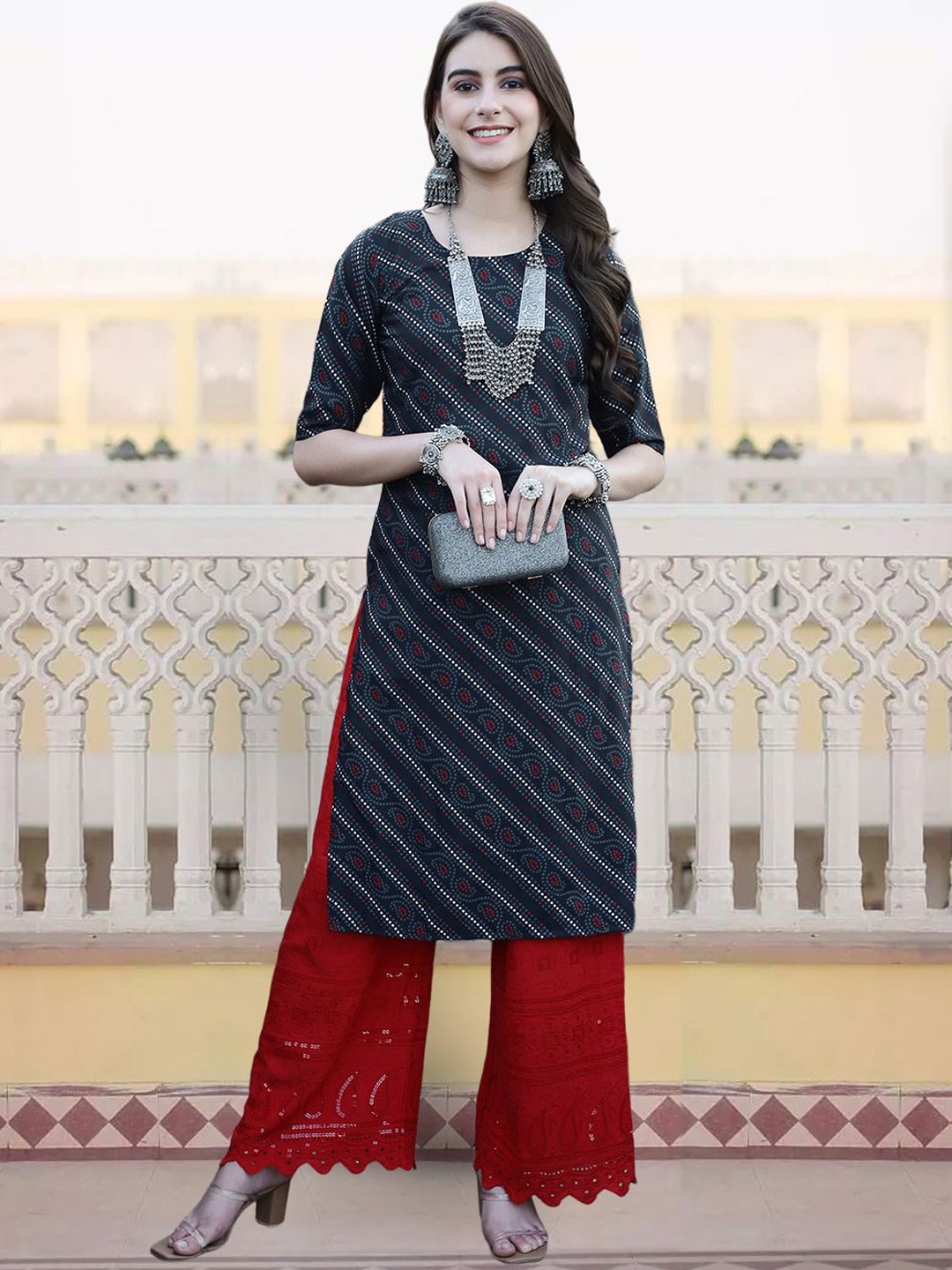

7Threads Bandhani Printed Round Neck Straight Kurta, Black