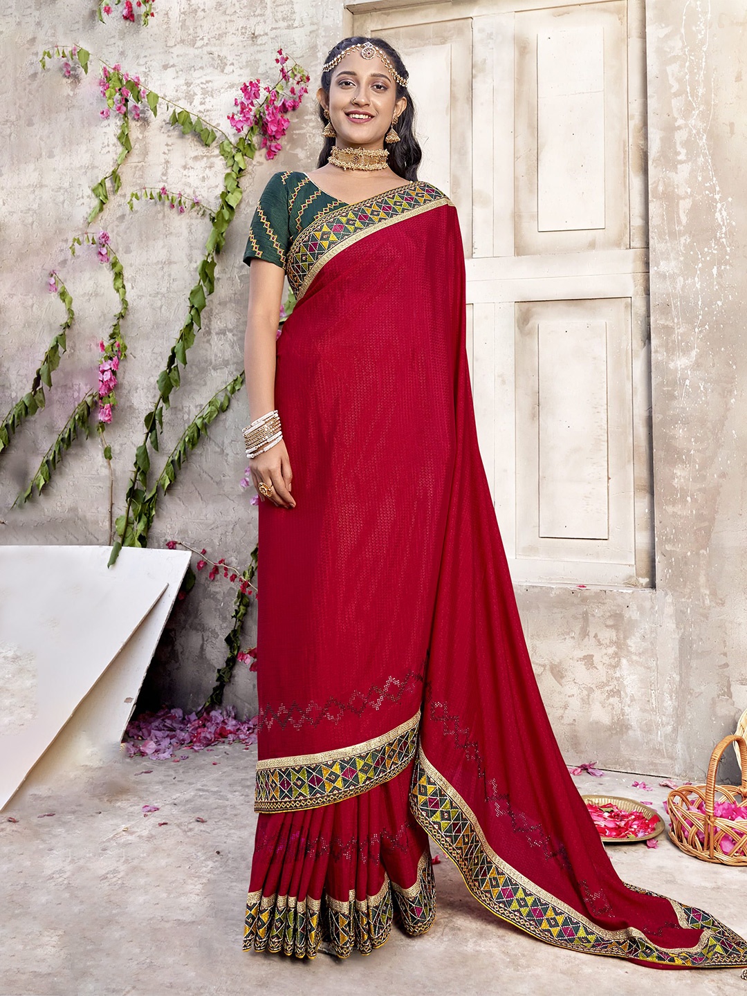 

NIRMAL CREATION Embroidered Pure Silk Saree, Red
