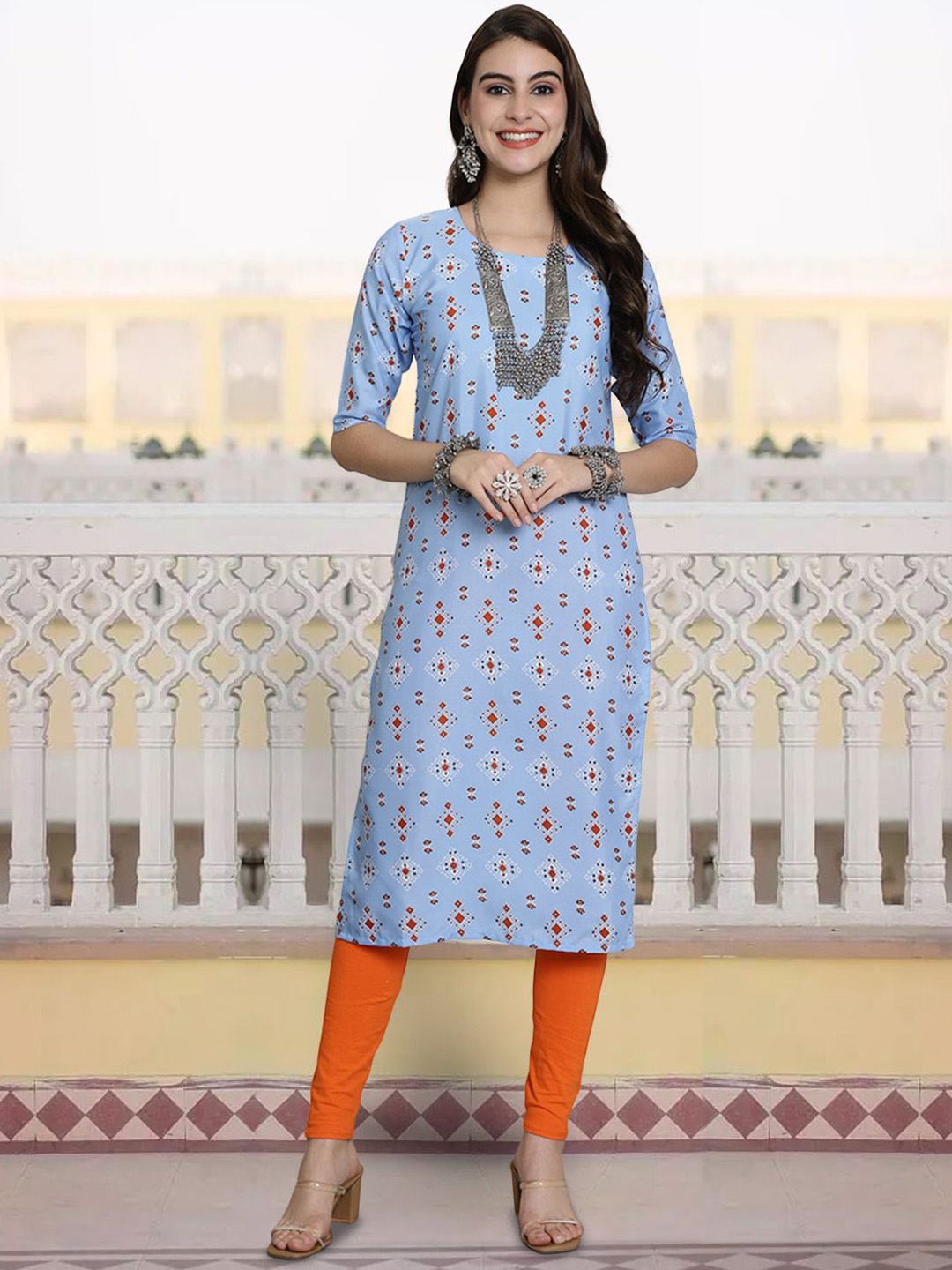 

7Threads Geometric Printed Round Neck Crepe Straight Kurta, Blue
