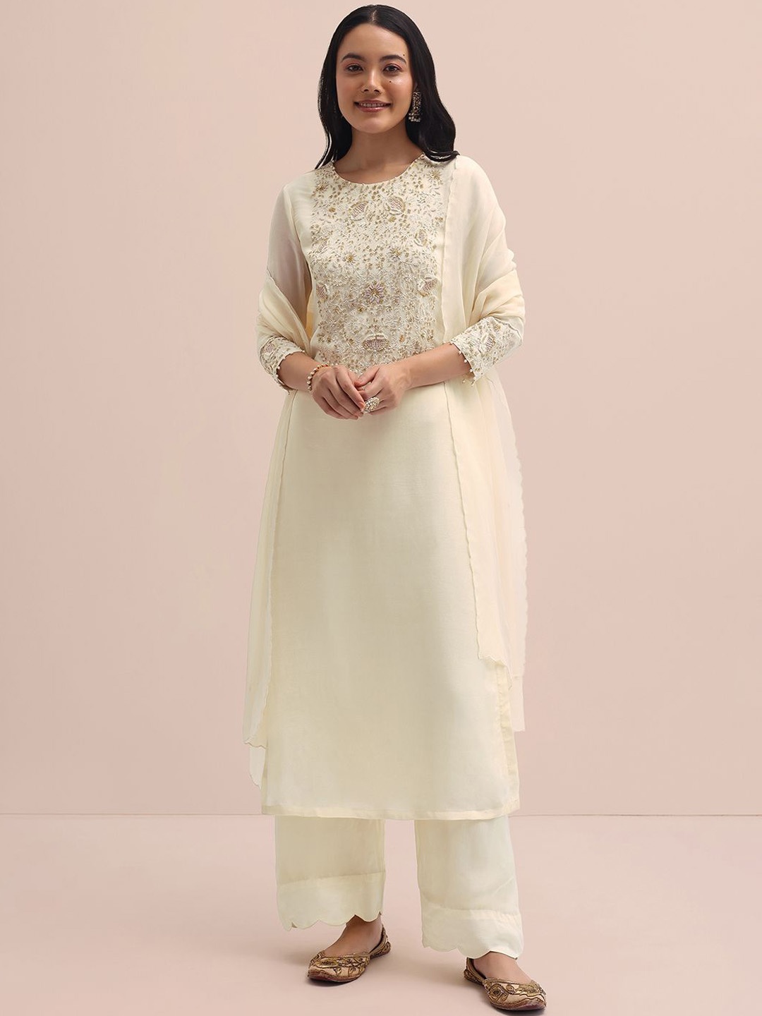 

KALKI Fashion Floral Yoke Design Sequinned Kurta with Trousers & Dupatta, White
