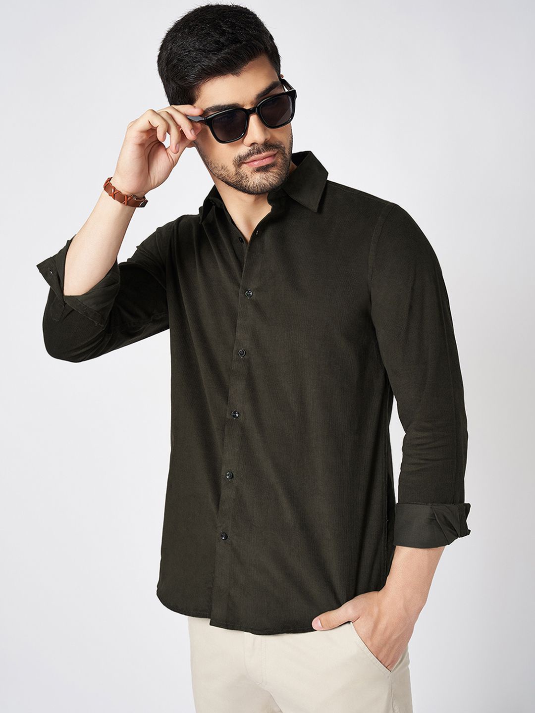 

BYFORD by Pantaloons Men Spread Collar Solid Cotton Slim Fit Party Shirt, Olive
