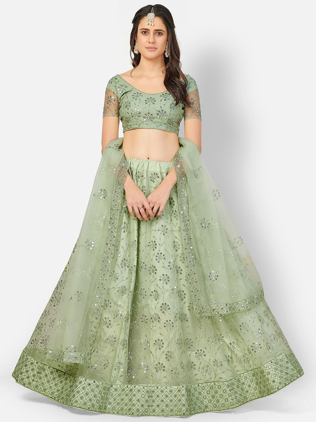 

SHOPGARB Embellished Sequinned Semi-Stitched Lehenga & Unstitched Blouse With Dupatta, Sea green