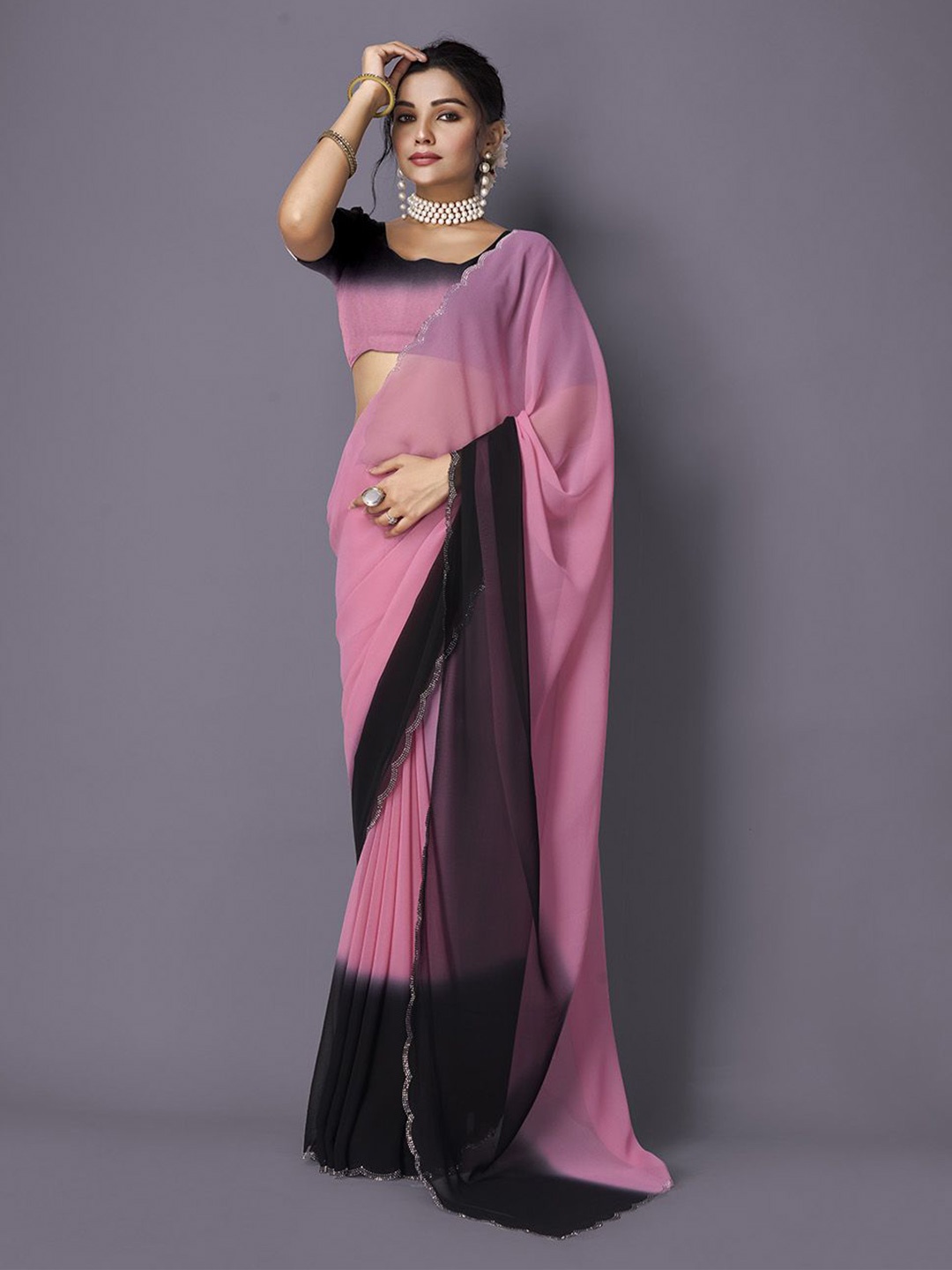 

NIRMAL CREATION Ombre Embroidered Saree, Pink