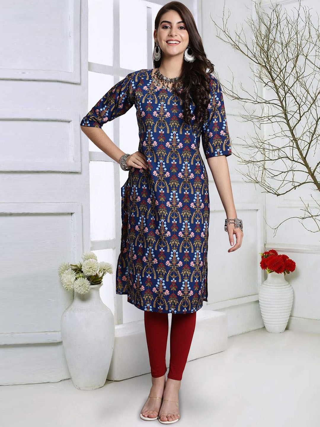 

7Threads Women Quirky Printed Keyhole Neck Mirror Work Floral Crepe Kurta, Multi
