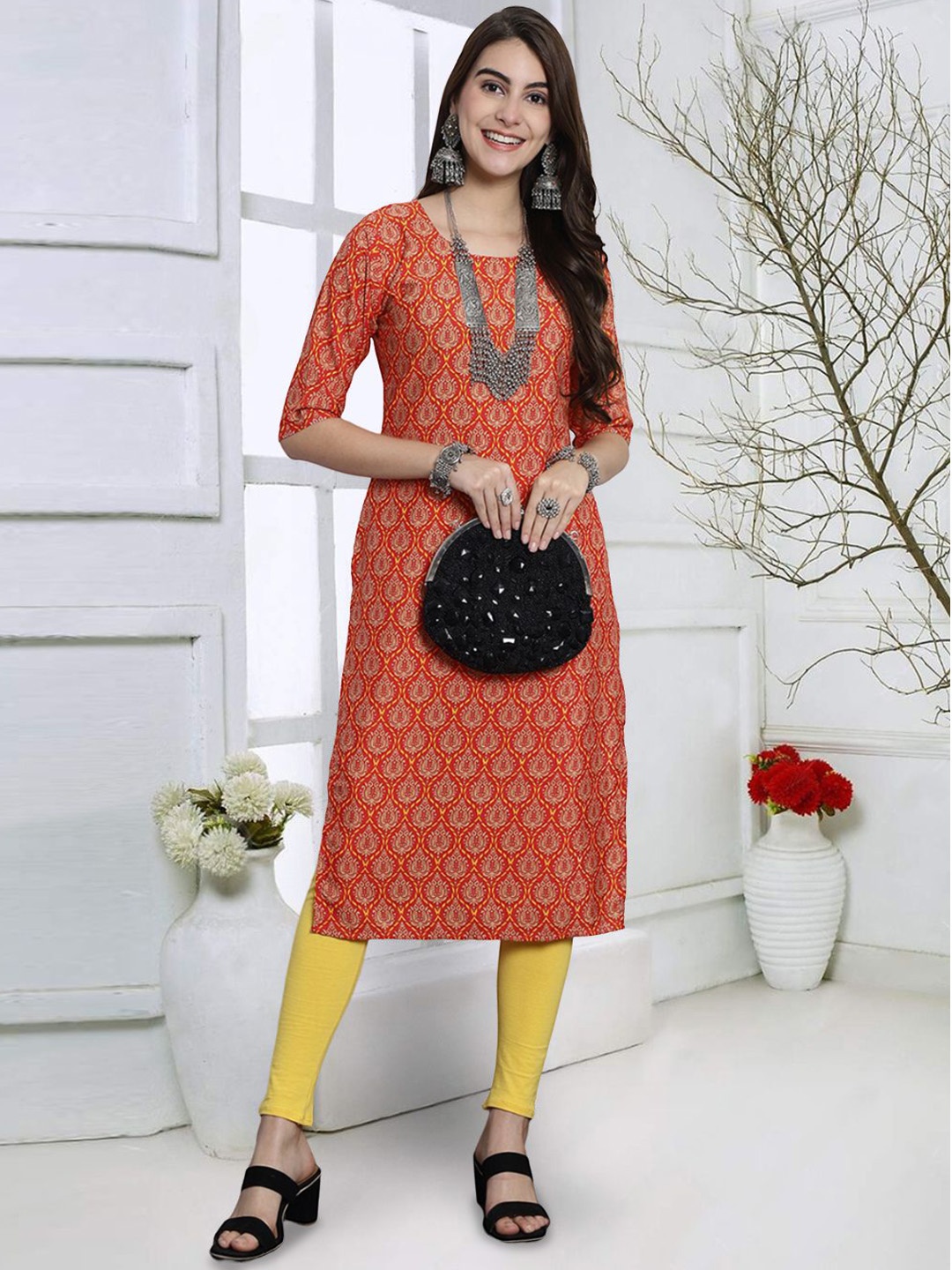 

7Threads Women Mirror Work Floral Crepe Kurta, Multi