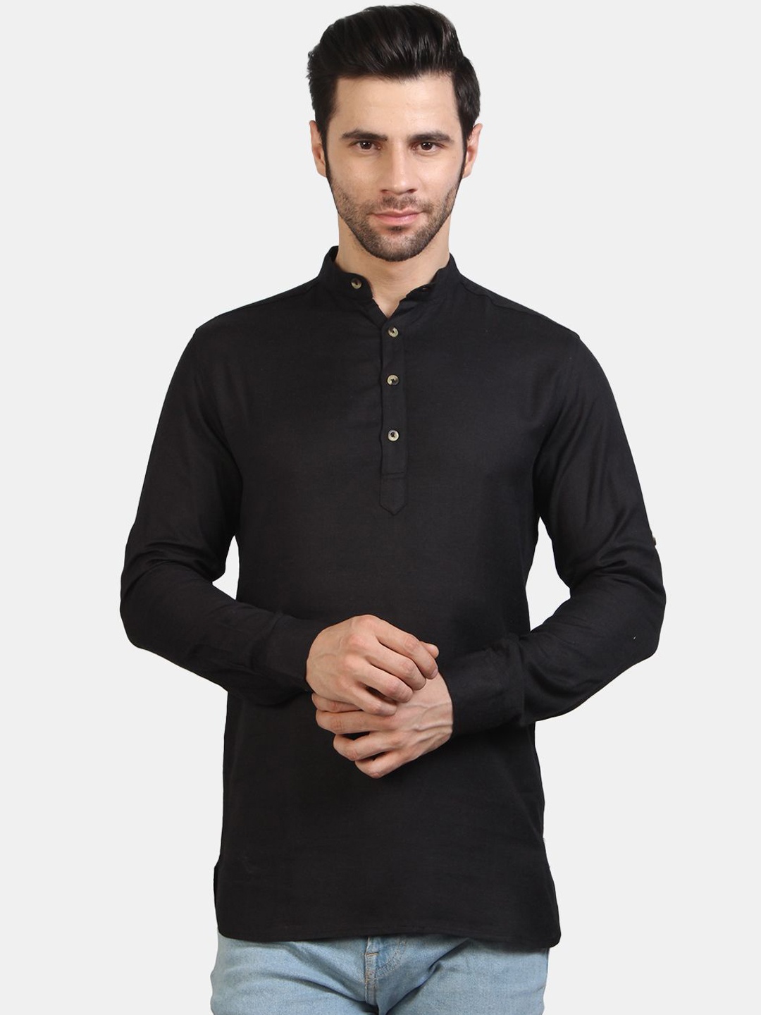 

EdinWolf Mandarin Collar Roll-Up Sleeves Cotton Straight Short Kurta, Black