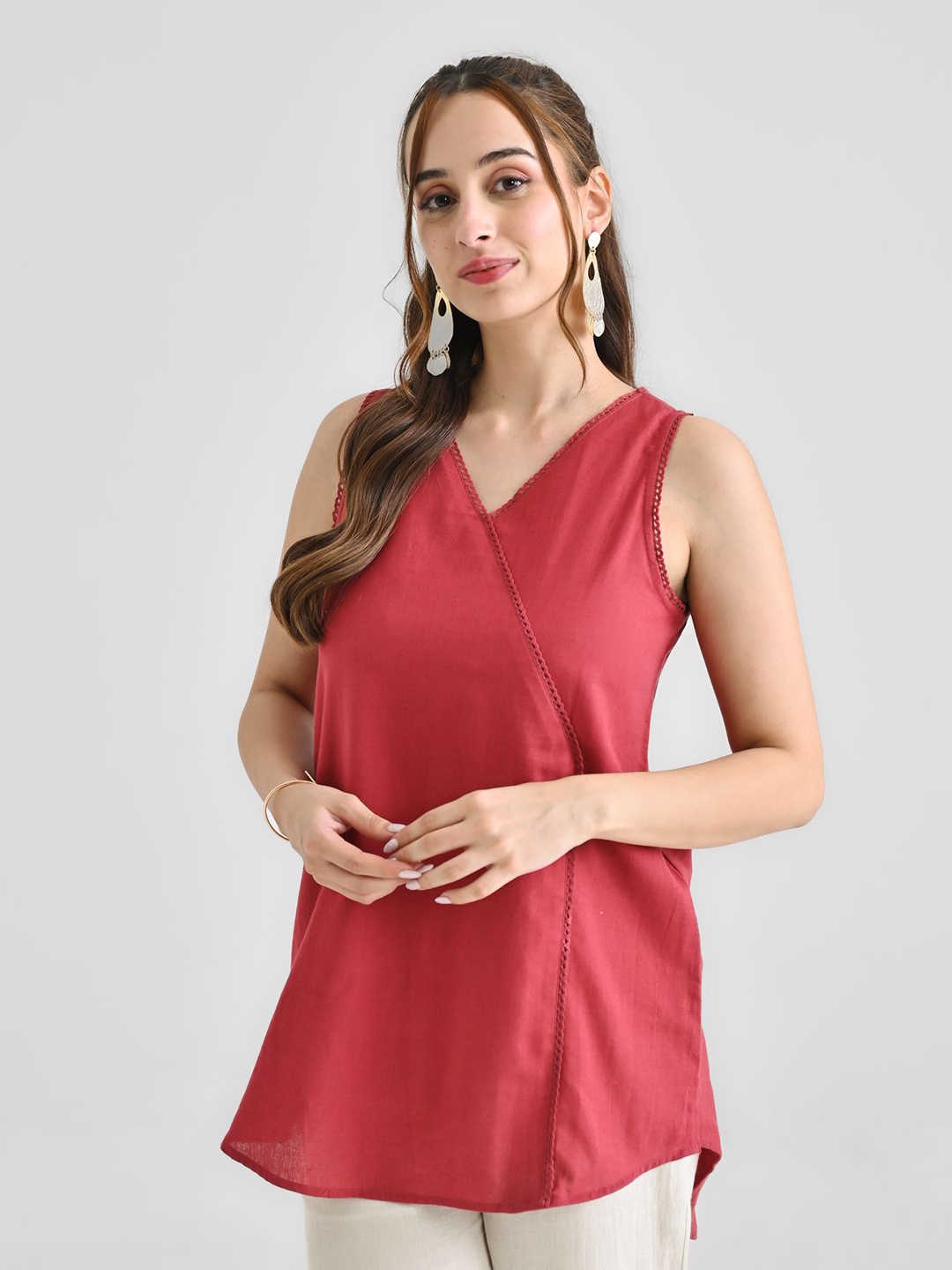 

Rustorange V-Neck Pure Cotton Kurti, Maroon