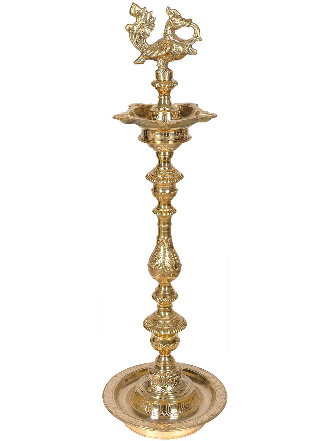 

Exotic India 25" Brass Five-Wick Peacock Lamp with Stand, Gold