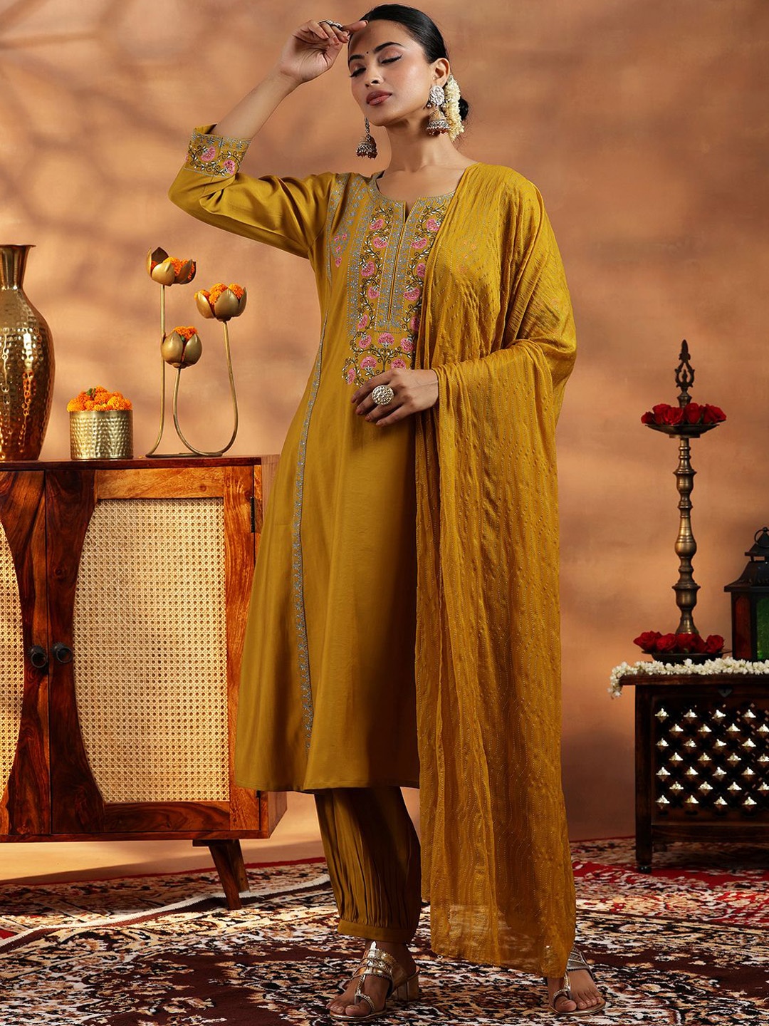 

Libas Floral Embroidered Panelled Thread Work A-Line Kurta With Salwar & Dupatta, Mustard