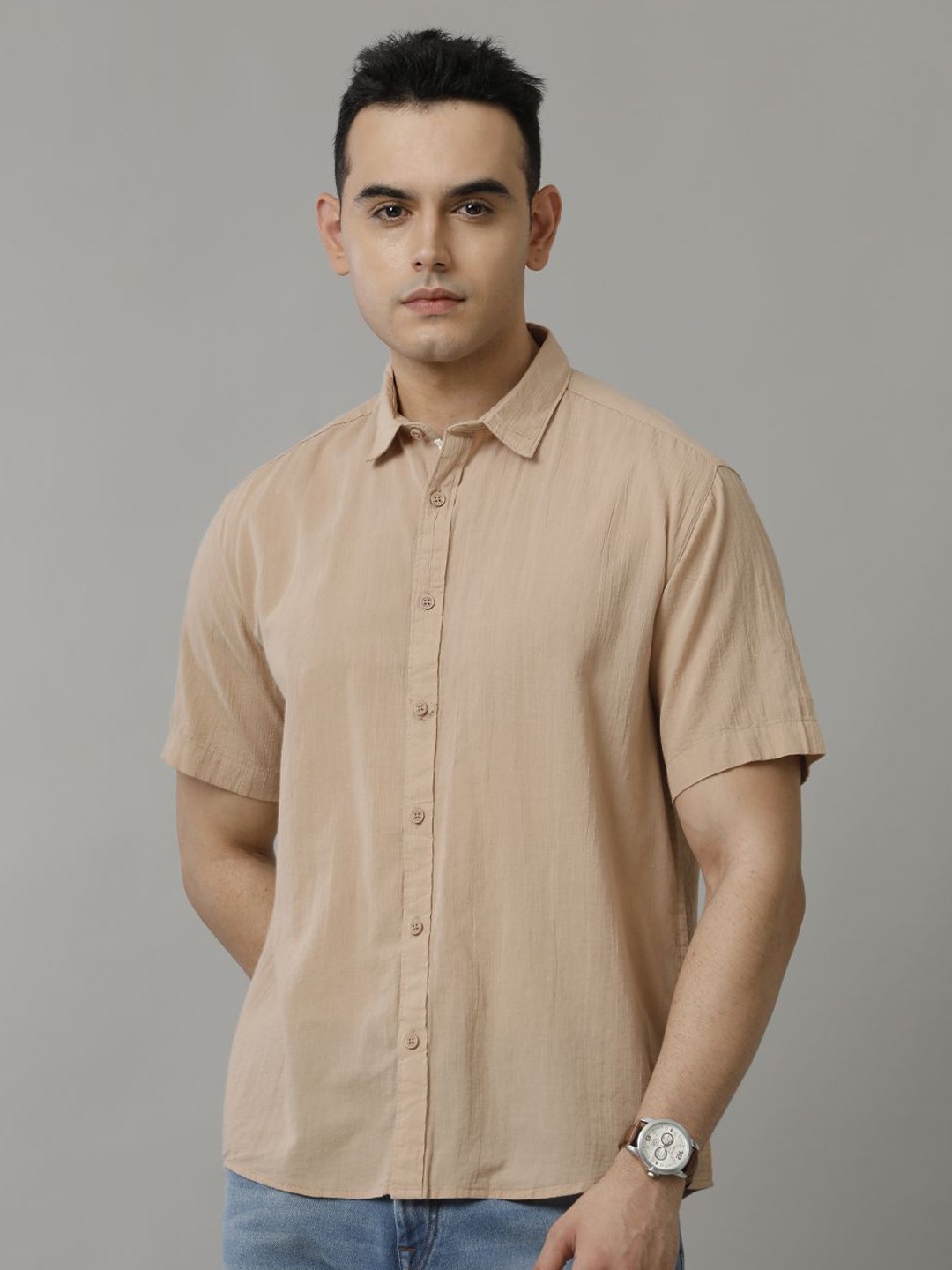 

Voi Jeans Men Boxy Opaque Casual Shirt, Beige