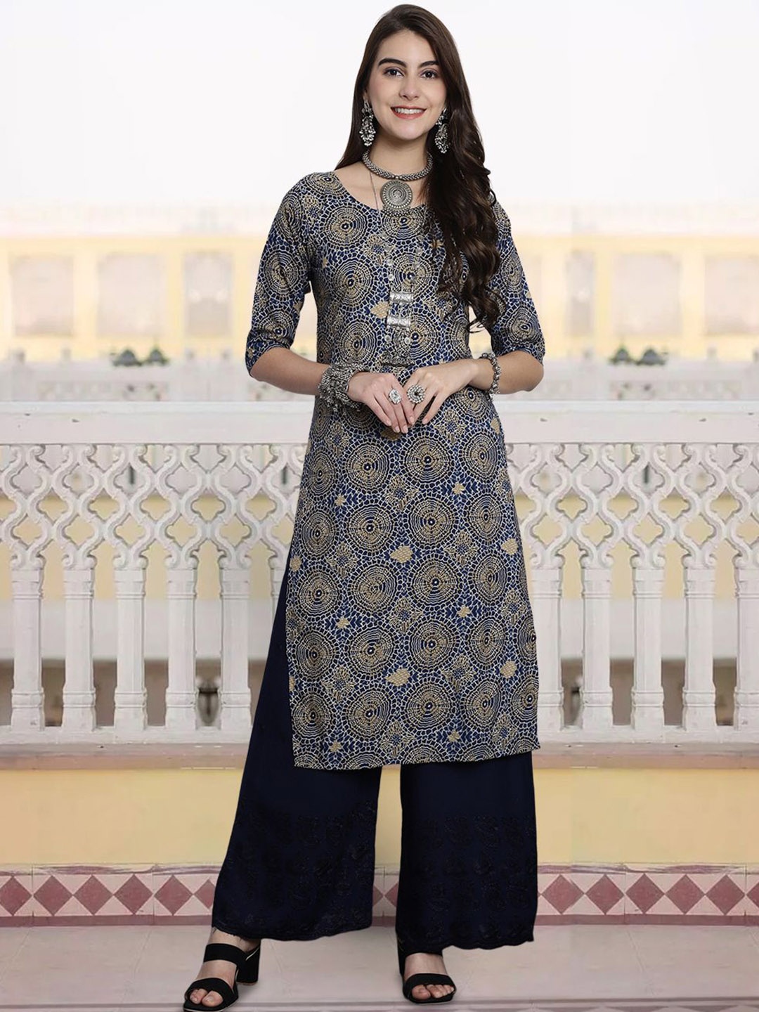 

7Threads Geometric Printed Round Neck Three-Quarter Sleeves Straight Kurta, Navy blue