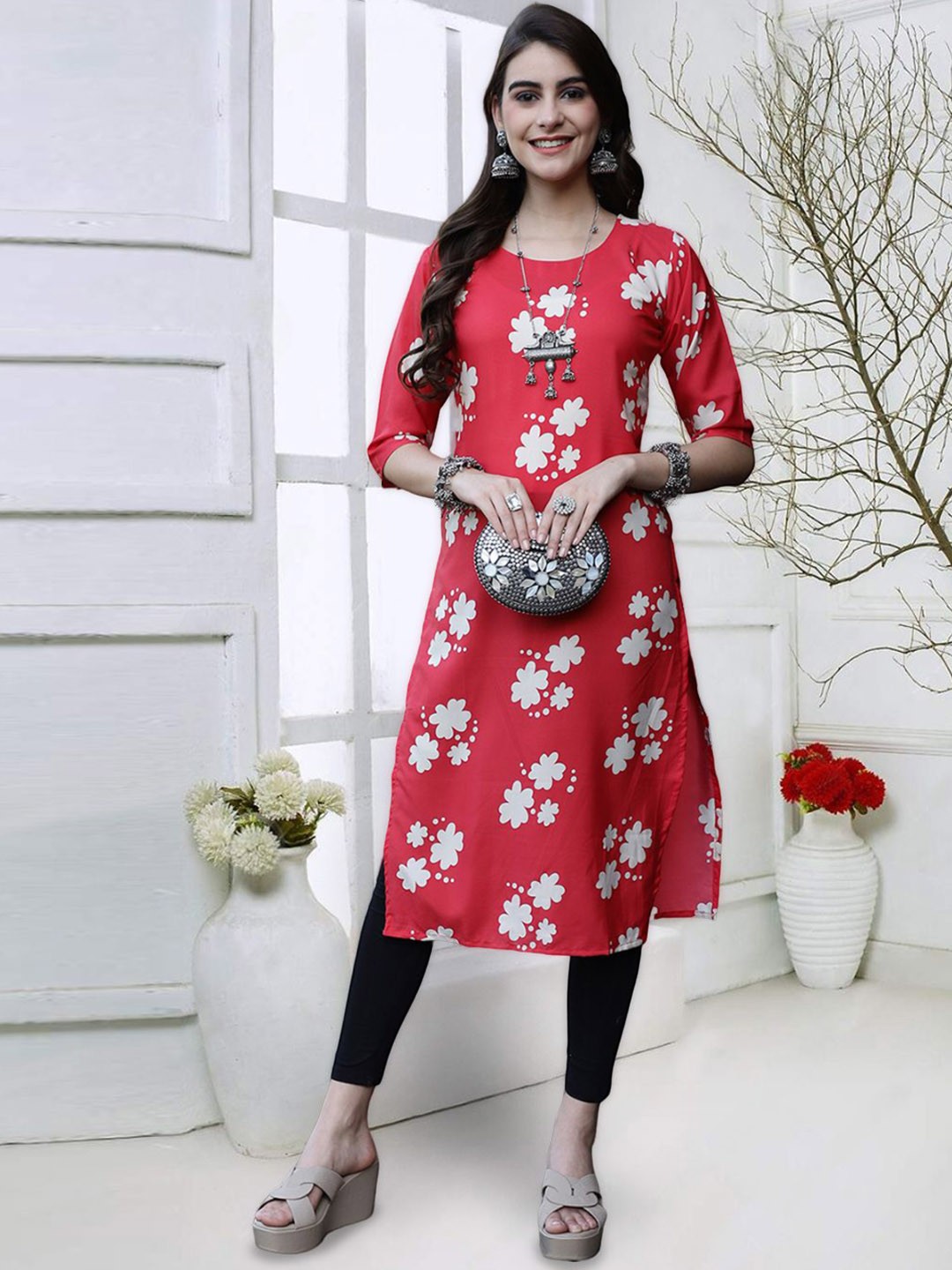 

7Threads Women Geometric Printed Thread Work Floral Crepe Kurta, Multi