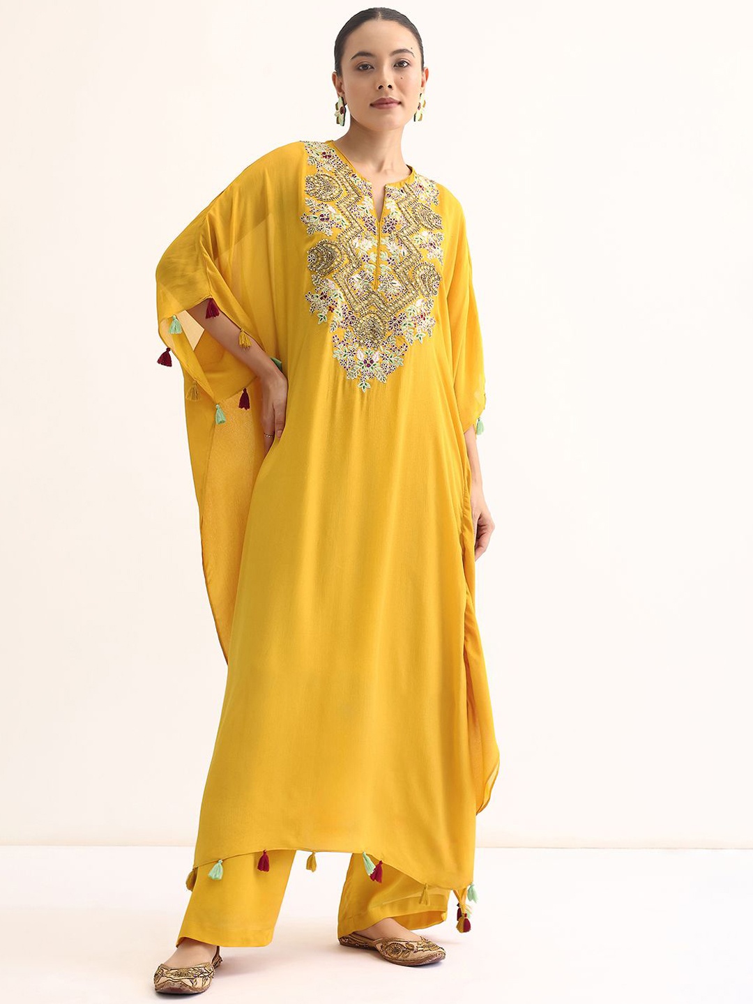 

KALKI Fashion Floral Yoke Design Flared Sleeves Sequinned Kaftan Kurta with Trousers, Yellow