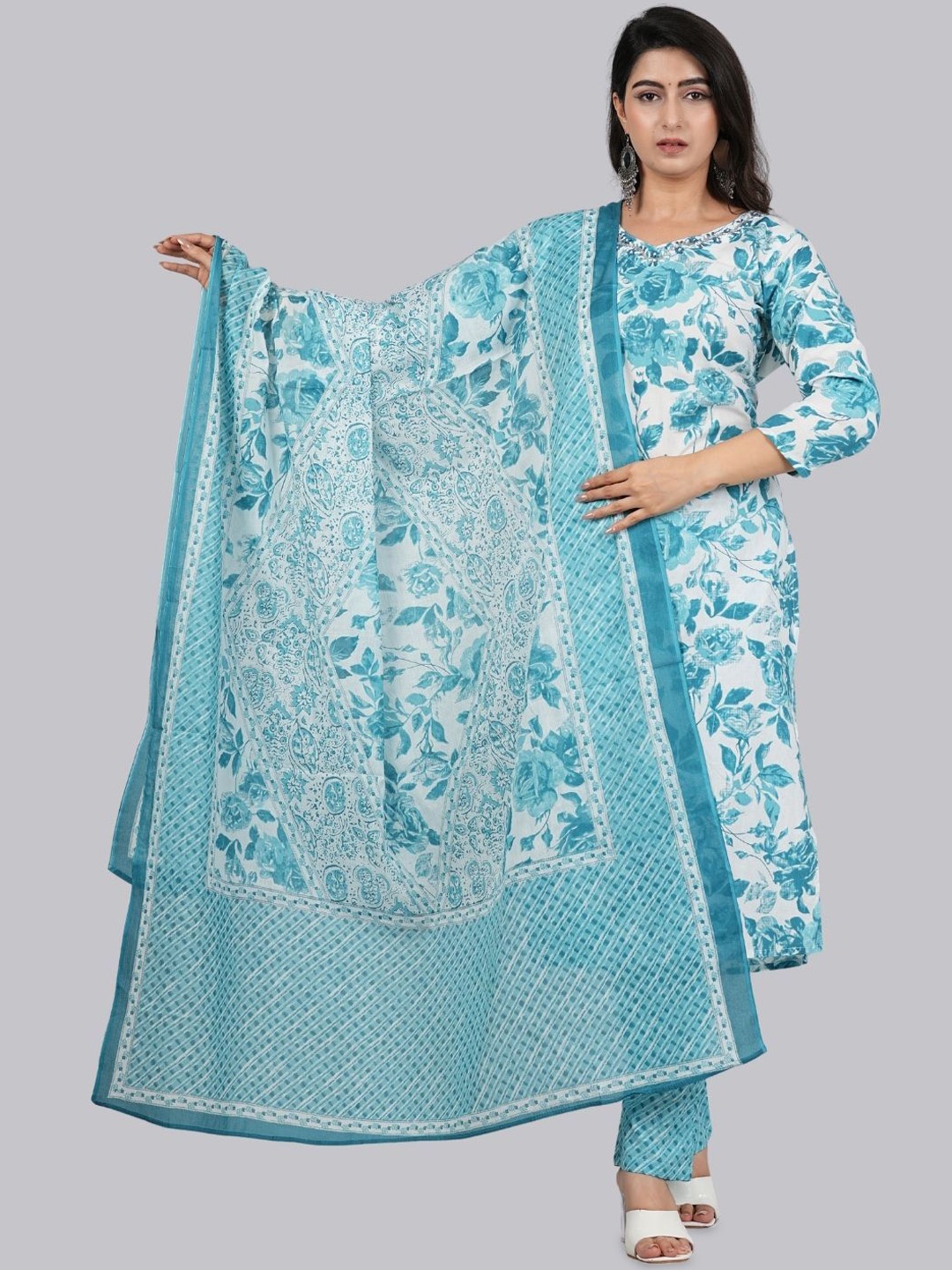 

P3D CREATION Floral Printed Pure Cotton Straight Kurta & Trousers With Dupatta, Blue