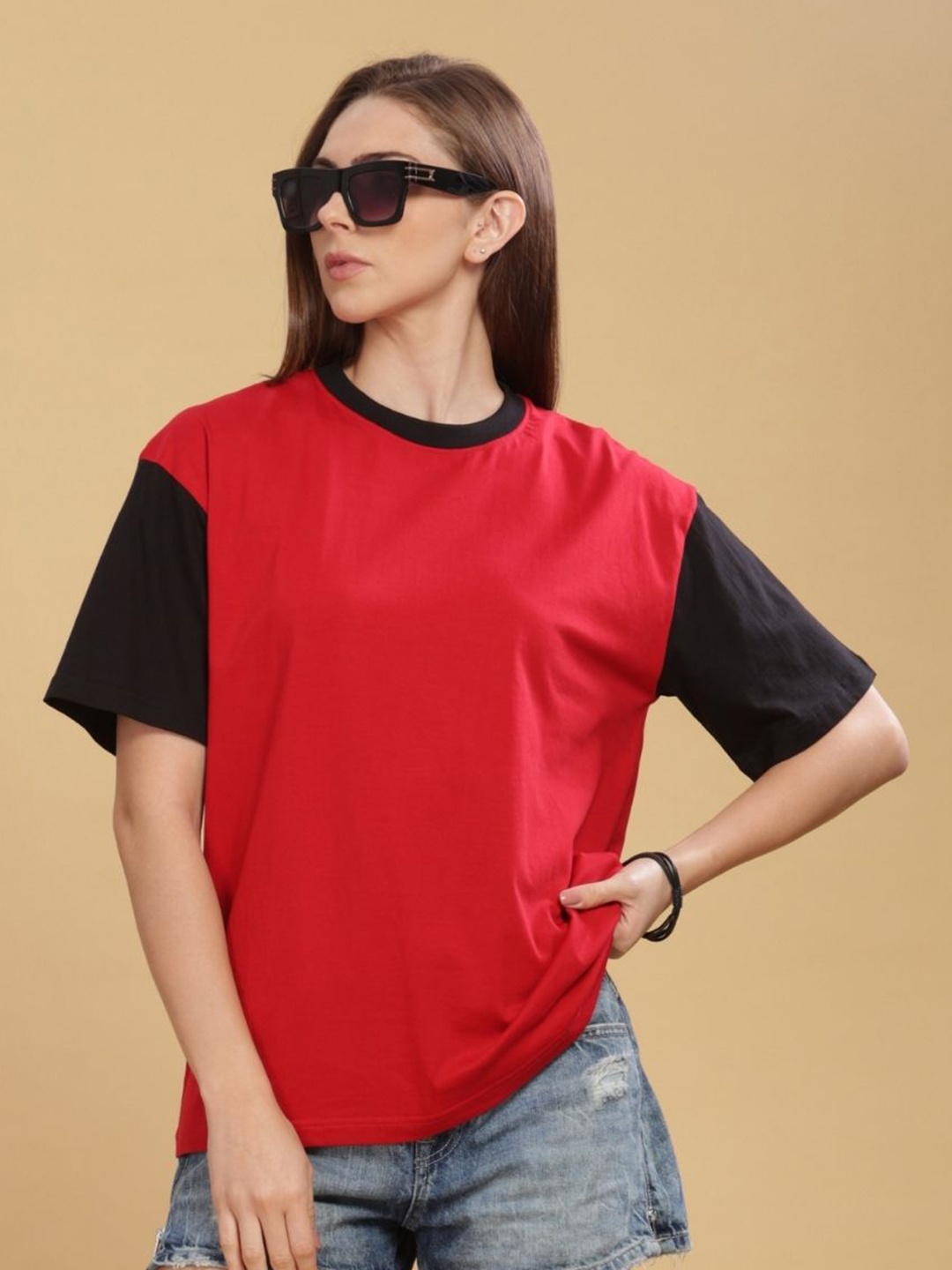 

CAPTCHA Women Solid Round Neck Cotton Oversized T-Shirt, Red