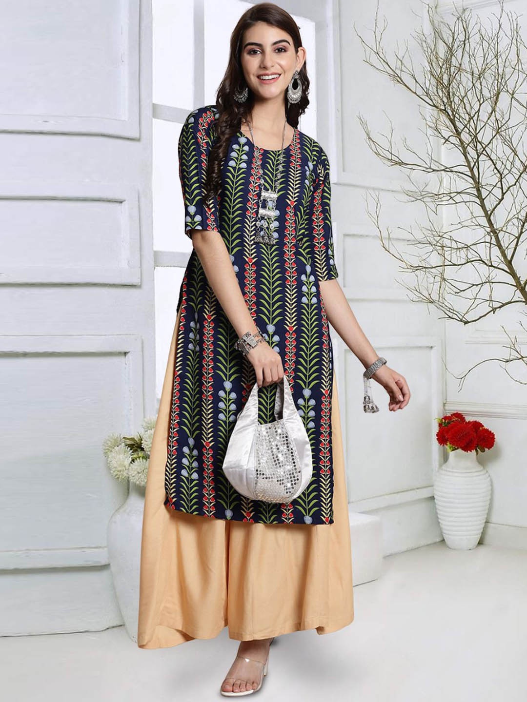 

7Threads Floral Printed Straight Kurta, Green