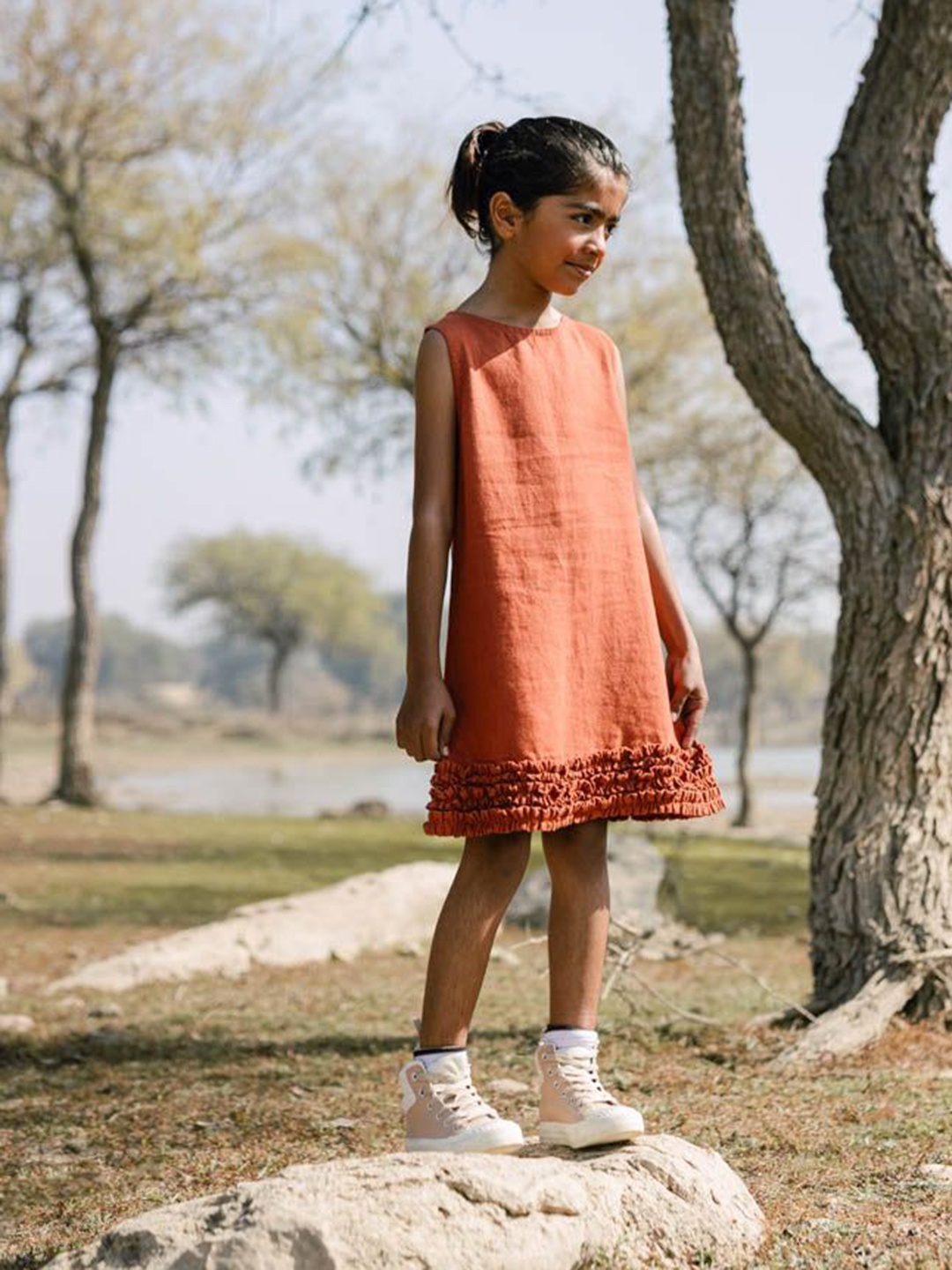

CHI LINEN CLOTHING Women Solid Linen A-Line Dress, Orange