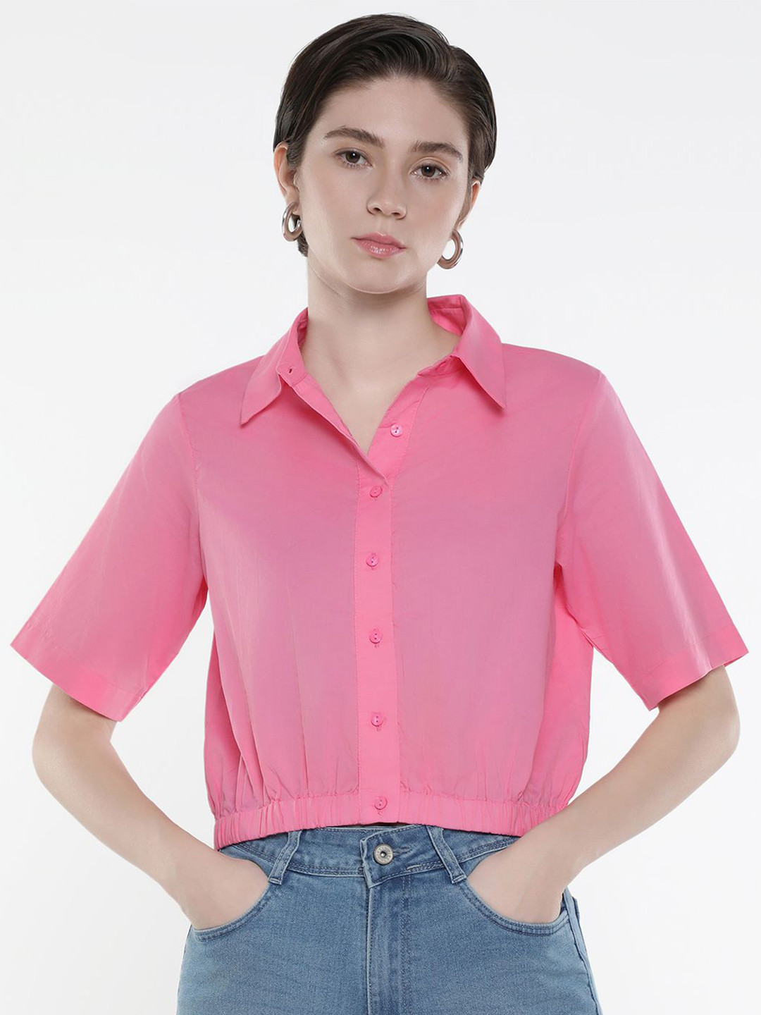 

RAREISM Women Solid Shirt Collar Cotton Top, Pink