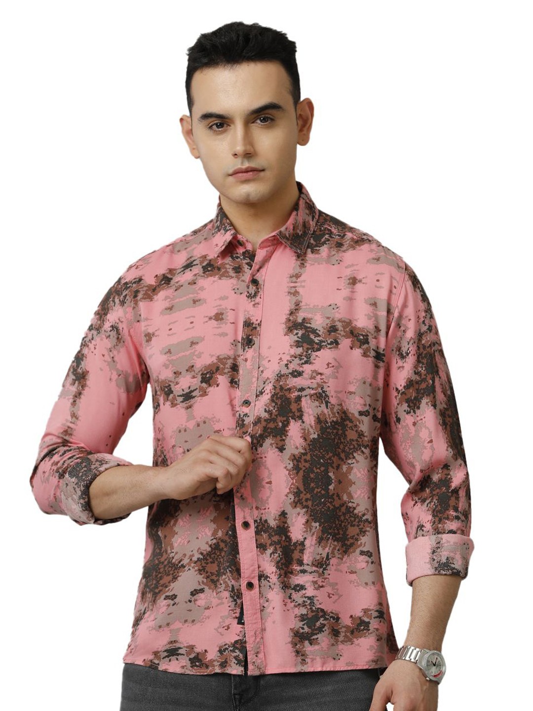 

Voi Jeans Men Slim Fit Opaque Printed Casual Shirt, Rose