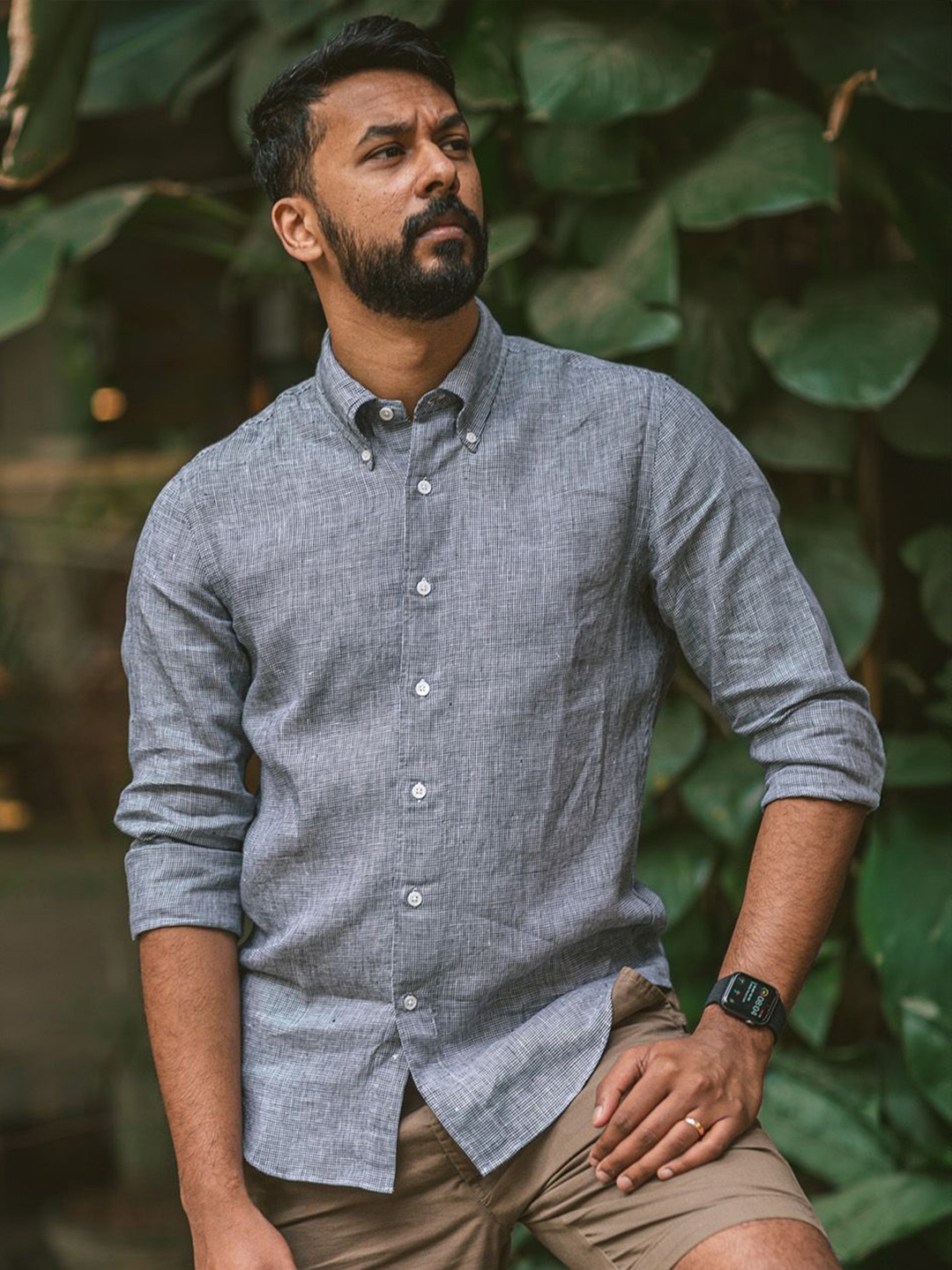 

Monks of Method Men Comfort Button-Down Collar Solid Linen Casual Shirt, Grey