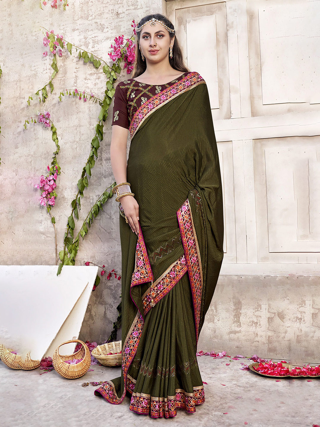 

NIRMAL CREATION Woven Design Embroidered Pure Silk Saree, Green