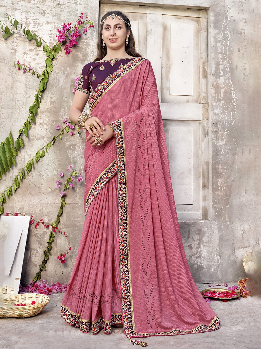 

NIRMAL CREATION Embellished Embroidered Pure Silk Saree, Pink