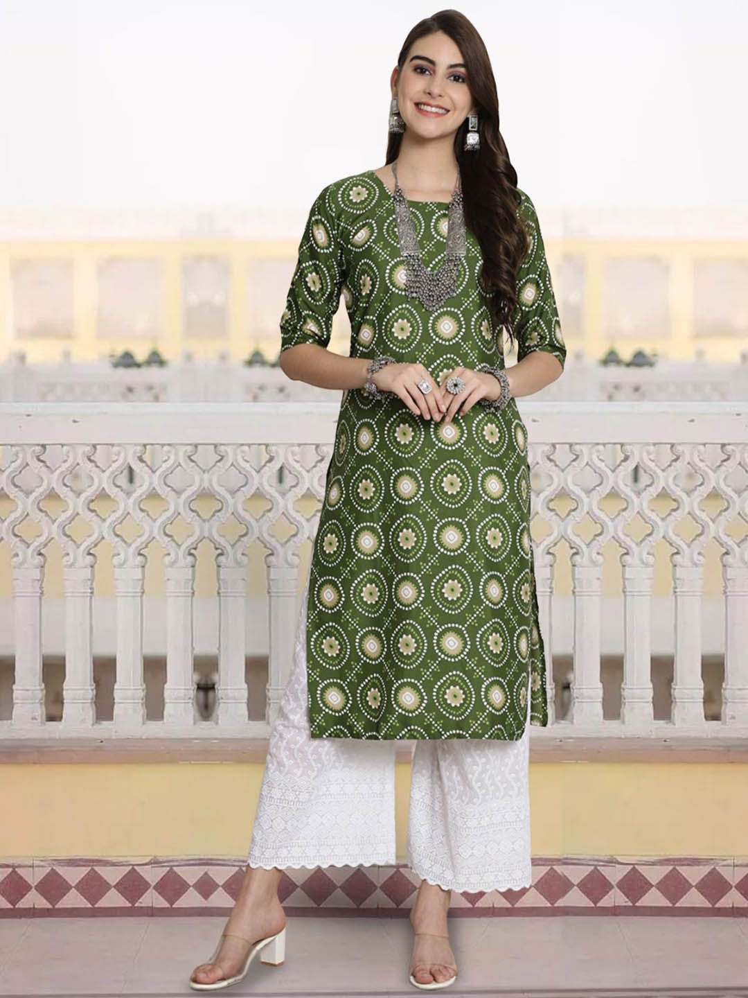 

7Threads Geometric Printed Round Neck Straight Kurta, Green