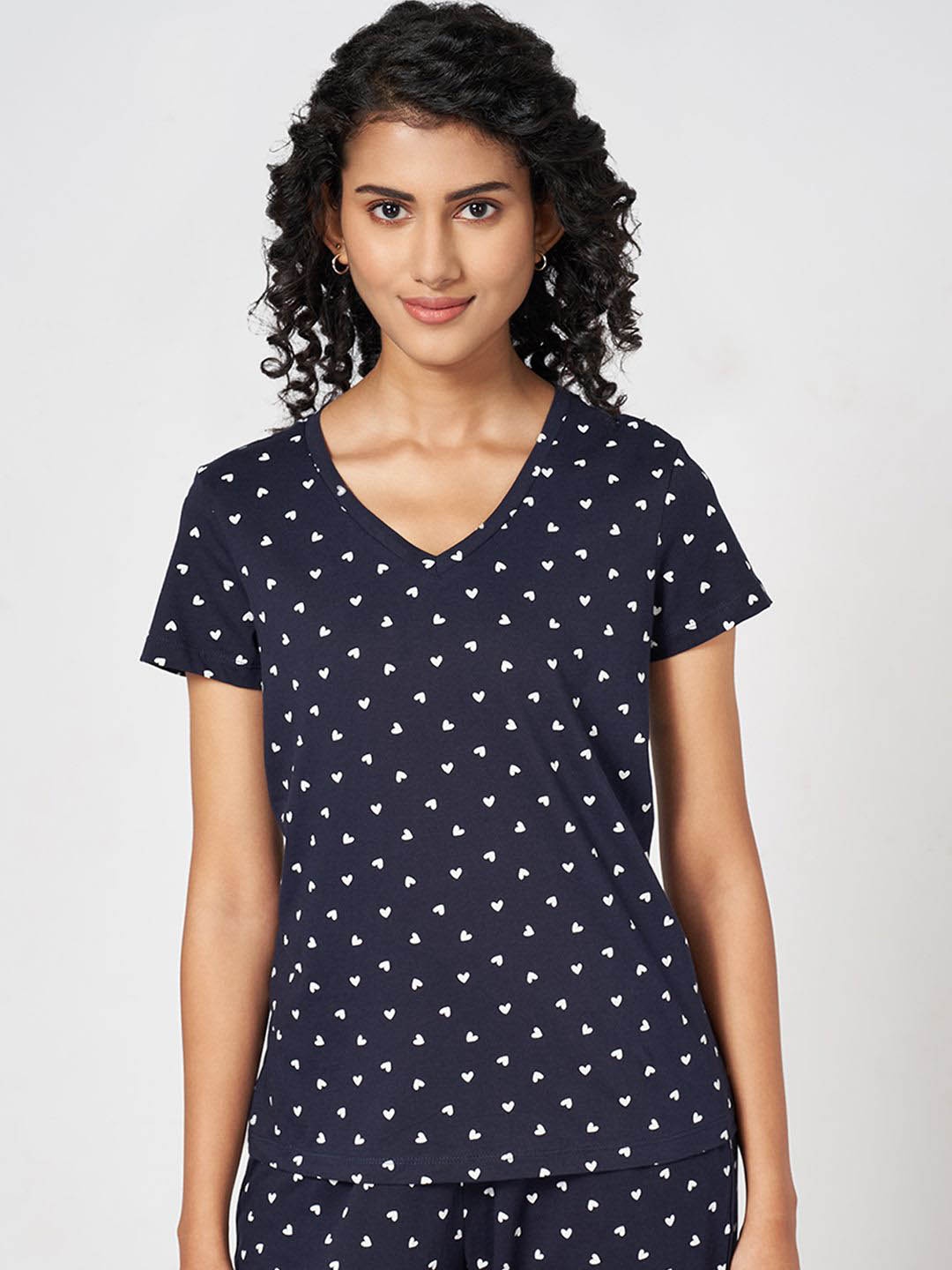 

Dreamz by Pantaloons Women Printed Pure Cotton Lounge Tshirts, Navy blue