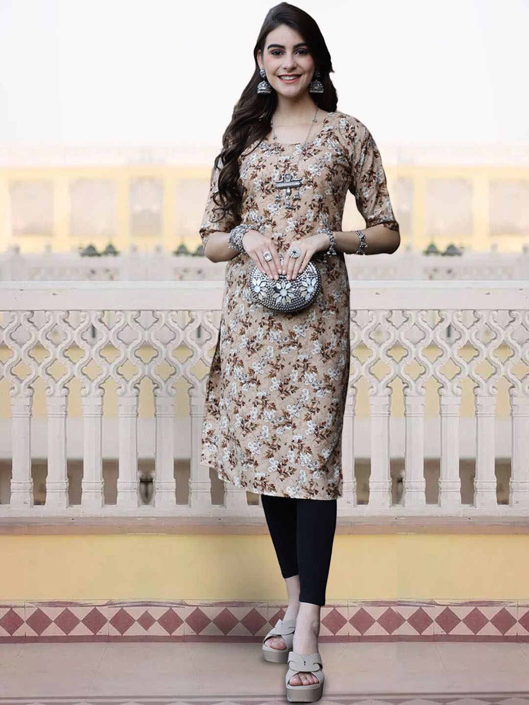

7Threads Floral Printed Round Neck Straight Kurta, Brown