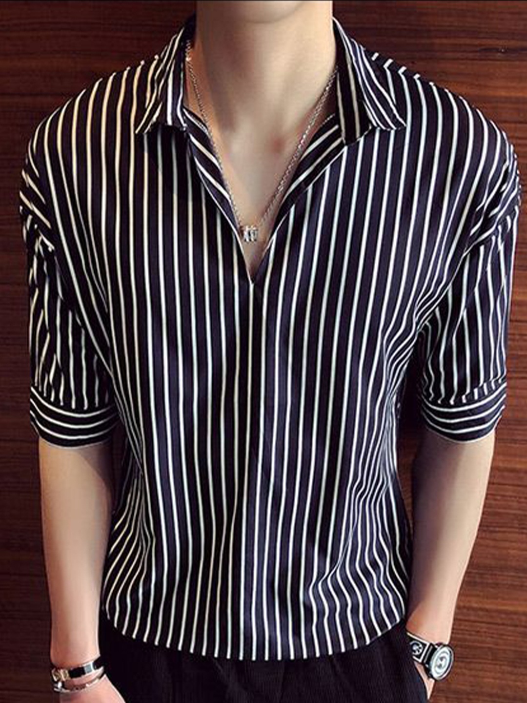 

StyleCast Men Slim Fit Opaque Striped Party Shirt, Navy blue