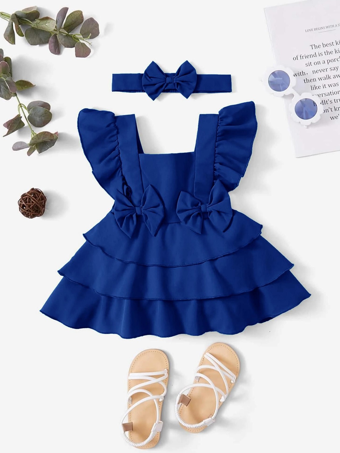 

LYTIX Infant Girls Bow Front Square Neck Crepe Flutter Sleeves Ruffle Flare Dress, Blue