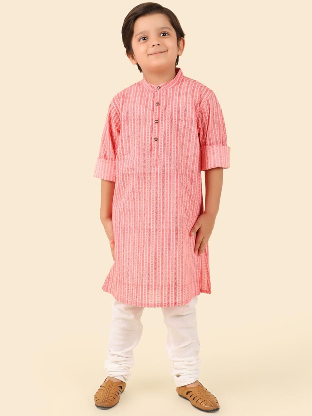 

Fabindia Boys Geometric Block Printed Mandarin Collar Cotton Straight Kurta, Peach